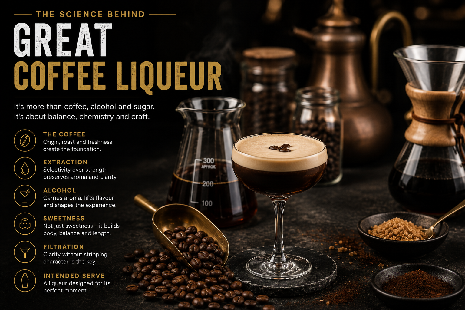 Infographic explaining the science behind great coffee liqueur, including coffee selection, extraction, alcohol, sweetness and filtration, illustrated with brewed coffee, coffee beans and an Espresso Martini.