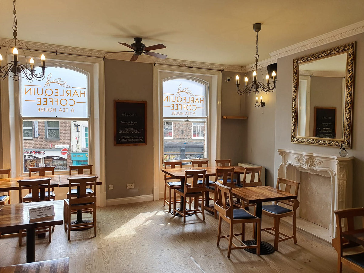 Interior of Harlequin Coffee House & Tea Room on the first floor in York city centre