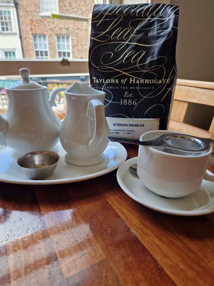 Loose-leaf tea service at Harlequin Coffee House & Tea Room in York city centre