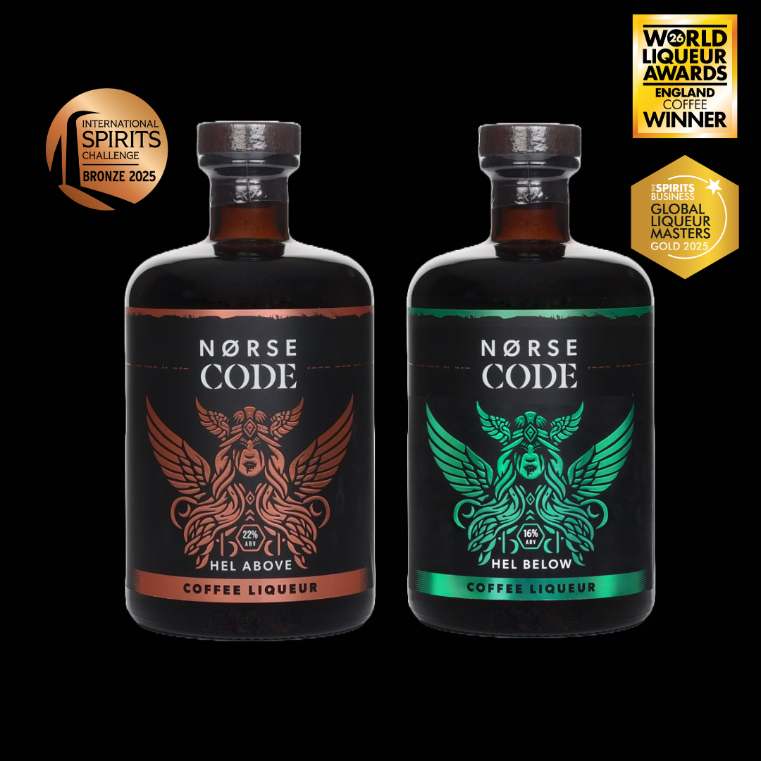 Two bottles of Norse Code Coffee Liqueur with awards on a black background