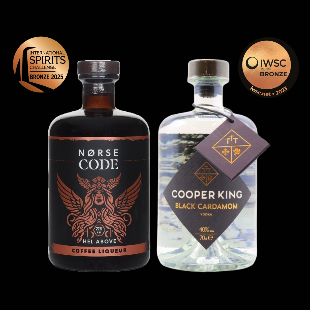Two bottles of Norse Code and Cooper King on a black background with awards displayed.