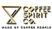 Gold 3D text logo reading 'COFFEE SPIRIT CO.' with a geometric triangle emblem on the left, plus the tagline 'MADE BY COFFEE PEOPLE' below, all on a black background.