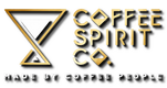 Gold 3D text logo reading 'COFFEE SPIRIT CO.' with a geometric triangle emblem on the left, plus the tagline 'MADE BY COFFEE PEOPLE' below, all on a black background.