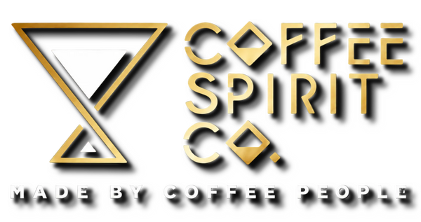 Gold 3D text logo reading 'COFFEE SPIRIT CO.' with a geometric triangle emblem on the left, plus the tagline 'MADE BY COFFEE PEOPLE' below, all on a black background.