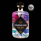 Cooper King Dry Gin bottle with colorful label and IWSC 2019 award badge on a black background