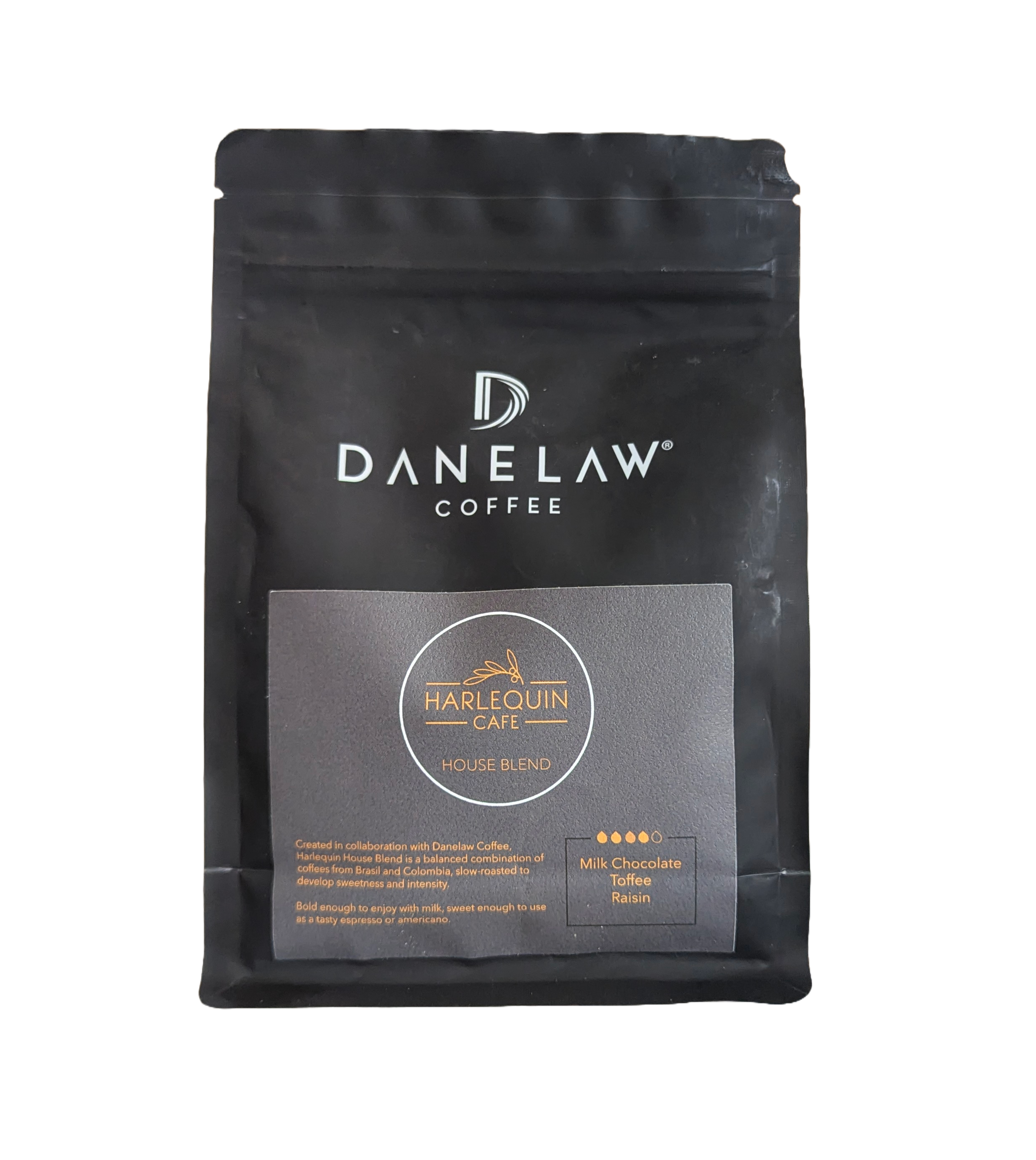 Black coffee packaging with Danelaw Coffee branding on a white background