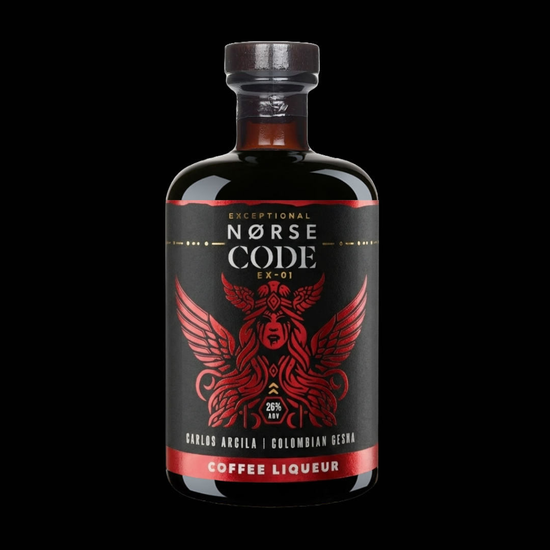 Norse Code coffee liqueur bottle with red and black design on a black background