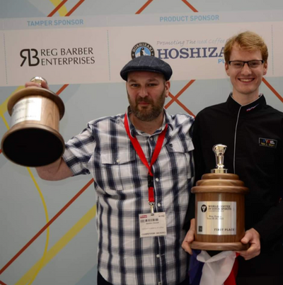 Gordon Howell with World Coffee in Good Spirits Championship winner Victor Delpierre after placing third in the world championship