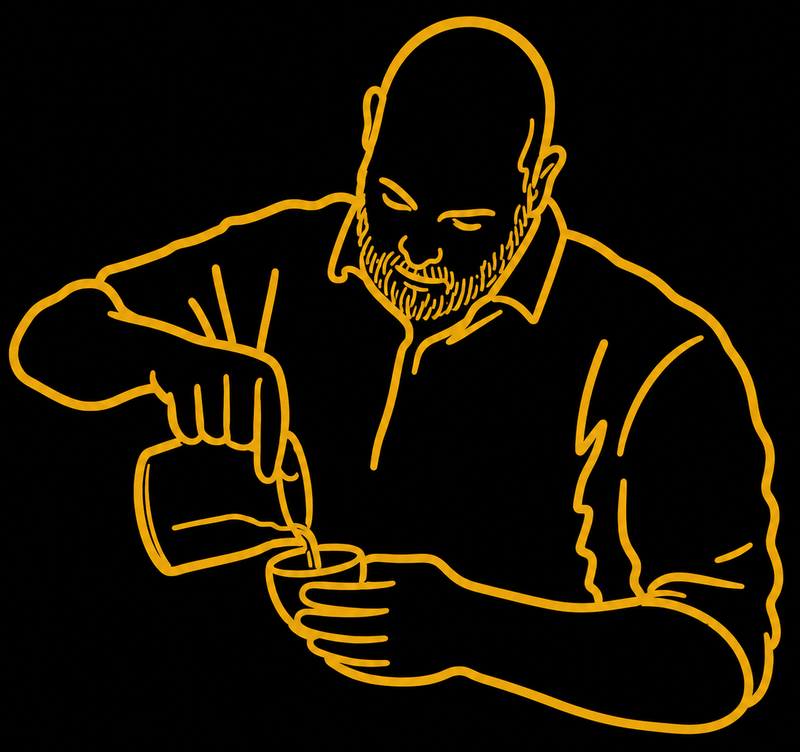 Bold gold line illustration of Gordon Howell pouring milk from a latte art jug into a cup, wearing a collared shirt and focused on creating precise latte art against a black background.