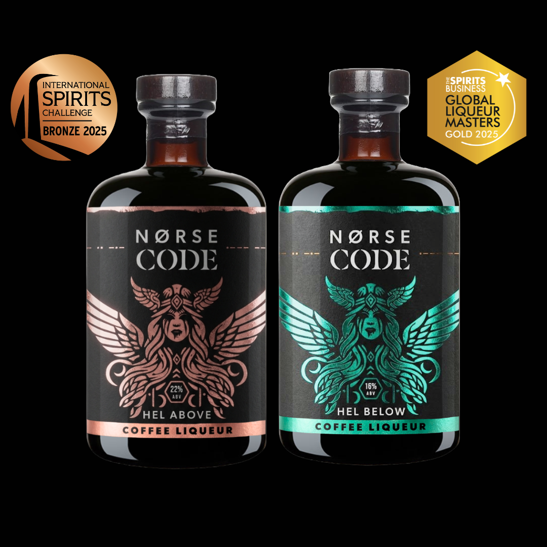 Two bottles of Norse Code Coffee Liqueur with awards on a black background