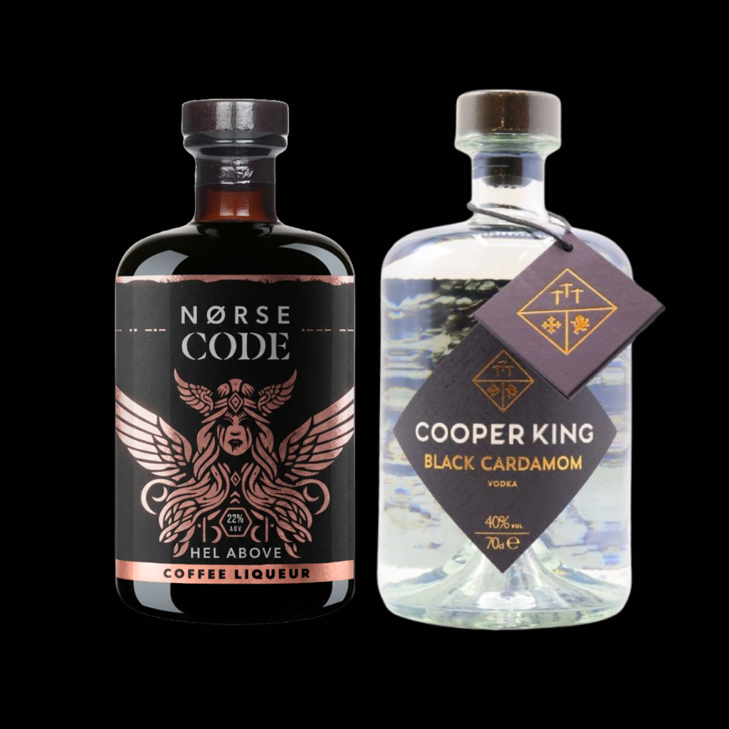 Two bottles of Norse Code Coffee Liqueur and Cooper King Black Cardamom Vodka on a black background