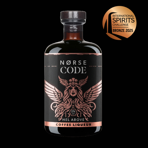 Norse Code coffee liqueur bottle with a bronze award on a black background