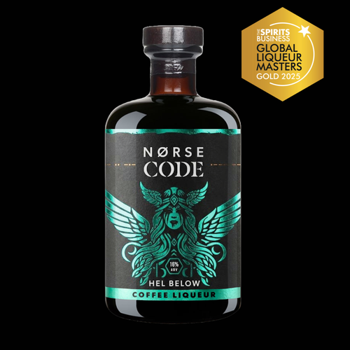 Norse Code Hel Below Coffee Liqueur bottle with a gold award badge on a black background