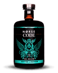 A bottle of Norse Code Hel Below Coffee Liqueur, featuring a black label with a glowing teal winged figure and white text, set against a solid dark green background.
