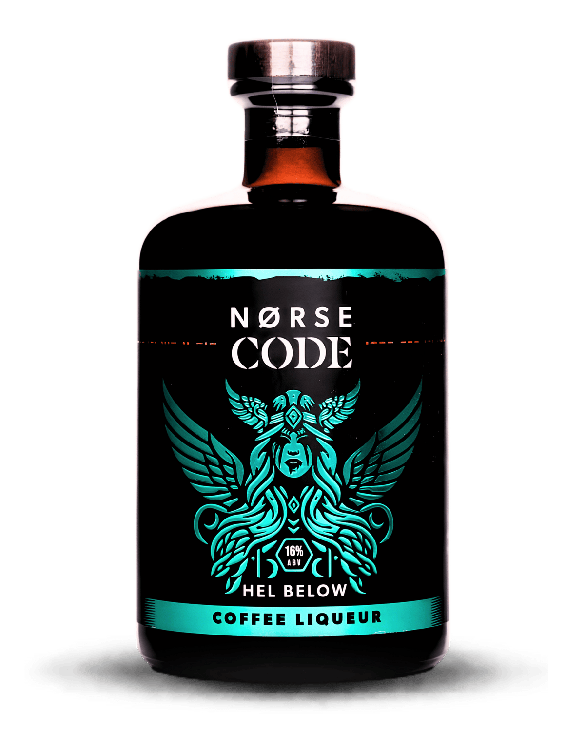 A bottle of Norse Code Hel Below Coffee Liqueur, featuring a black label with a glowing teal winged figure and white text, set against a solid dark green background.