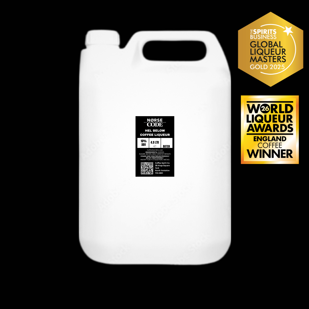 White container with a label on a black background, featuring awards on top.