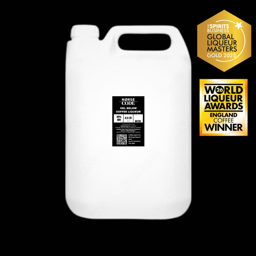 White container with a label on a black background, featuring awards on top.