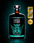 Bottle of Norse Code Hel Below coffee liqueur on a dark background with a teal glow, featuring the World Liqueur Awards England Winner 2026, World Liqueur Awards Gold 2026 and Global Liqueur Masters Gold 2025 award badges. Premium Yorkshire coffee liqueur made from real brewed coffee, ideal for Baby Guinness serves and Espresso Martinis.