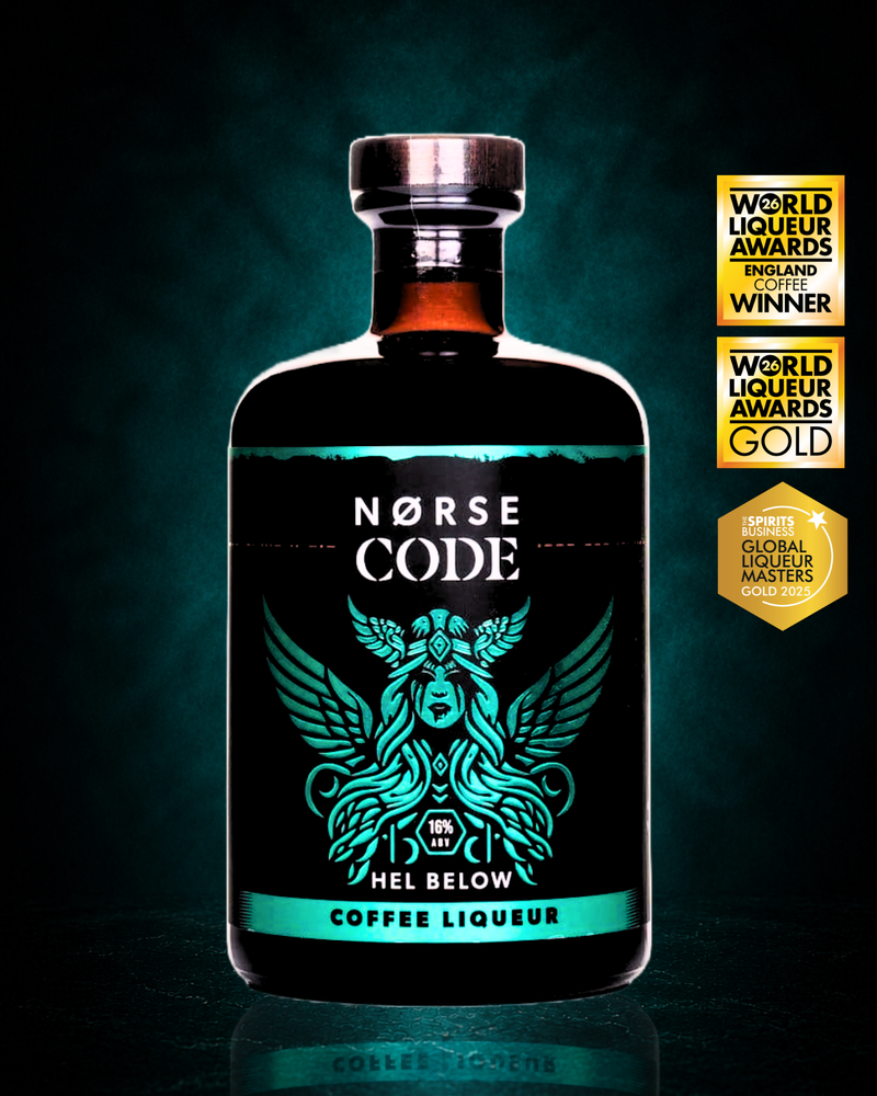 Bottle of Norse Code Hel Below coffee liqueur on a dark background with a teal glow, featuring the World Liqueur Awards England Winner 2026, World Liqueur Awards Gold 2026 and Global Liqueur Masters Gold 2025 award badges. Premium Yorkshire coffee liqueur made from real brewed coffee, ideal for Baby Guinness serves and Espresso Martinis.