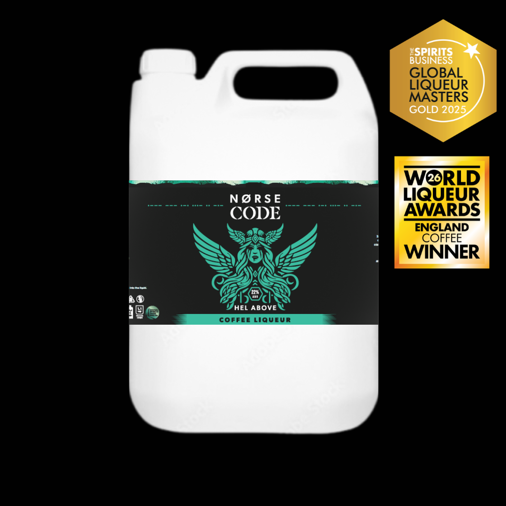 Norse Code coffee liqueur container with awards on a black background