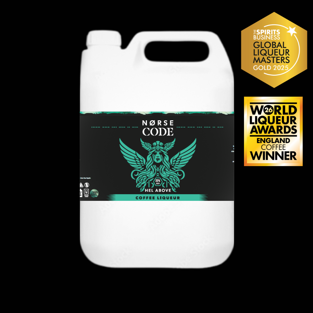 Norse Code coffee liqueur container with awards on a black background