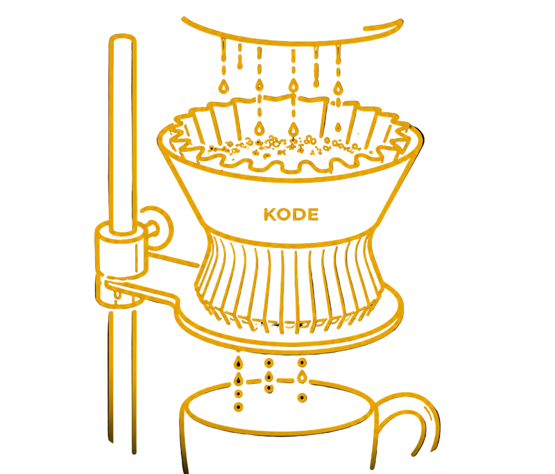 A minimalist yellow line drawing of a coffee dripper setup with the word KODE on the cone, shown on a black background.