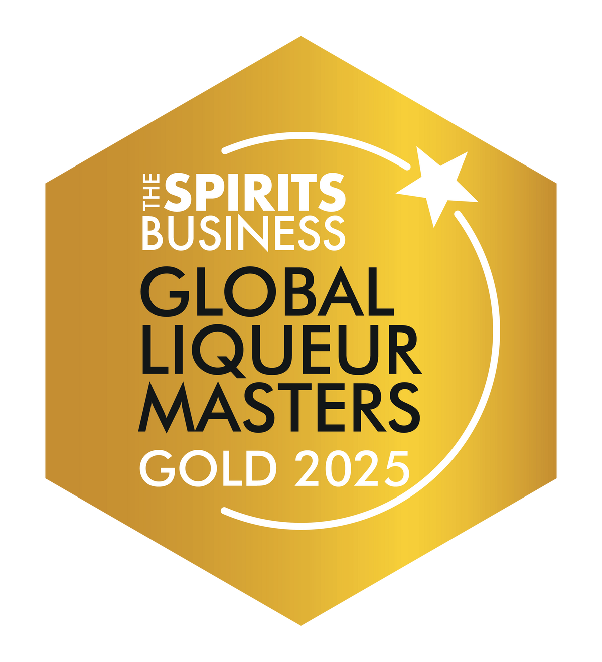 Gold hexagonal award with 'The Spirits Business Global Liqueur Masters Gold 2025' text on a white background