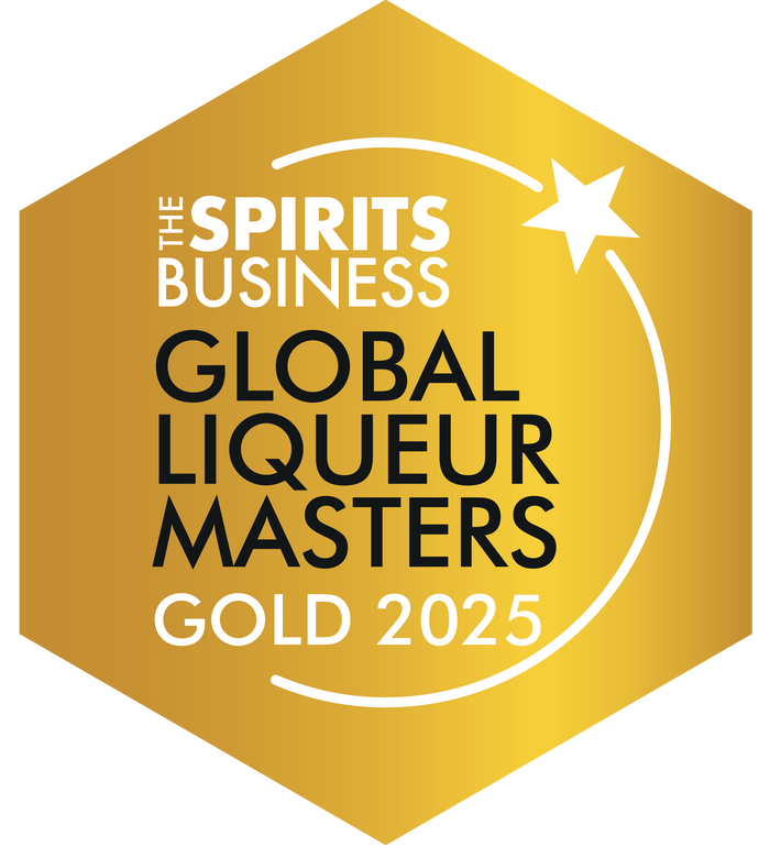 Gold hexagonal award with 'The Spirits Business Global Liqueur Masters Gold 2025' text on a white background