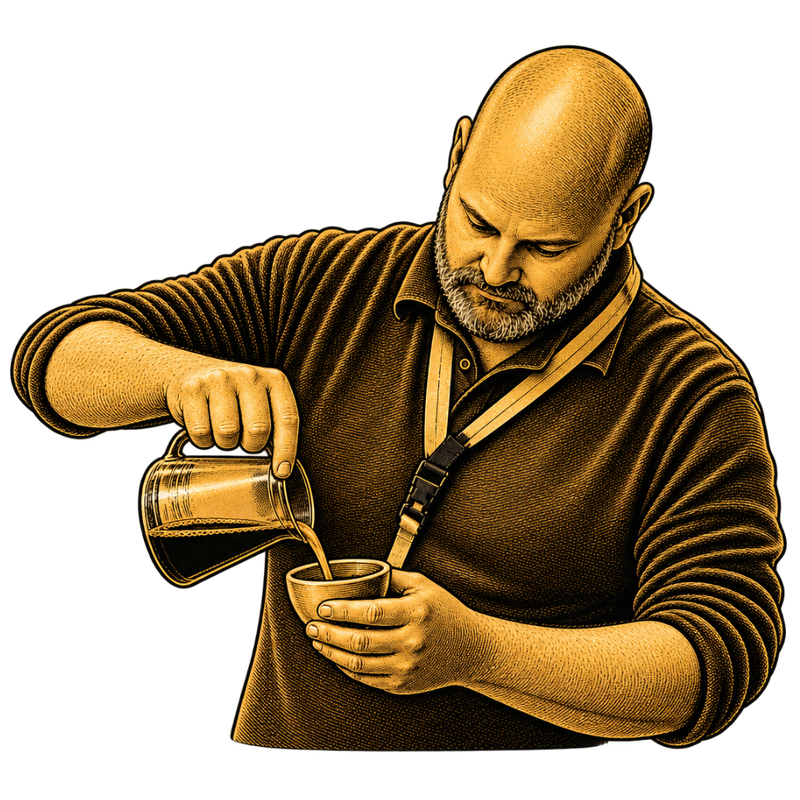 Gordon Howell, award-winning coffee professional, carefully pouring brewed coffee during the Norse Code coffee-making process.