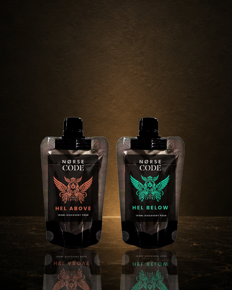 Hel Above and Hel Below Discovery Pour Pouches showcasing both NORSE CODE coffee liqueur styles in convenient tasting-size pouches.