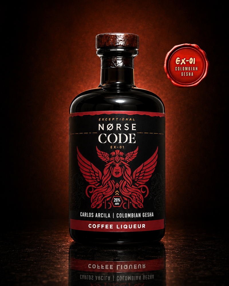 Front-facing bottle of Norse Code EX-01 exceptional series coffee liqueur, crafted with rare Colombian Gesha coffee