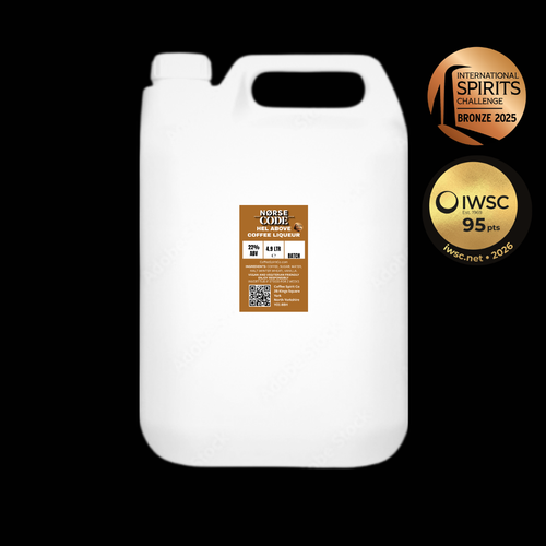 White container with a label and IWSC and International Spirits Challenge badges on a black background