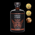 Norse Code coffee liqueur bottle with awards on a black background
