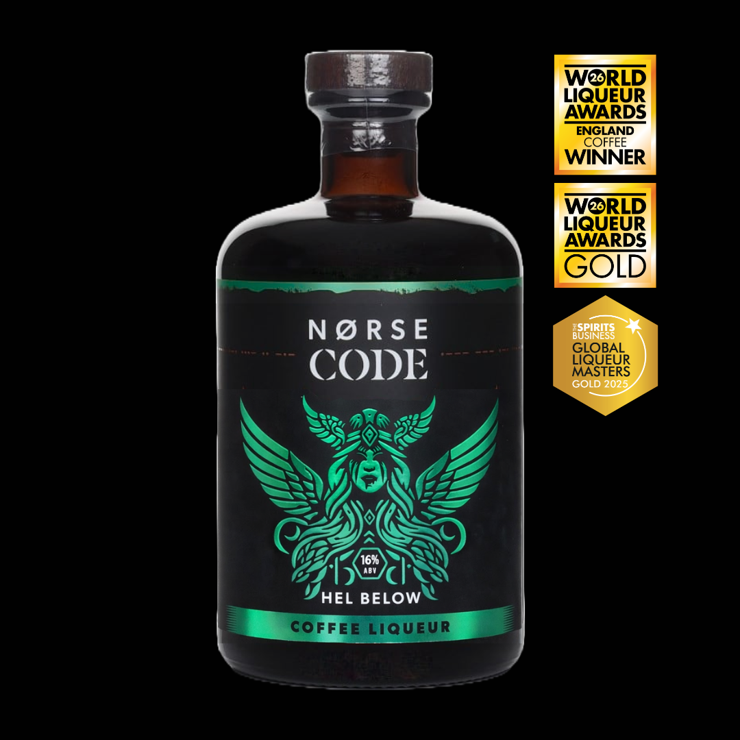 Norse Code coffee liqueur bottle with awards on a black background