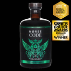 Norse Code coffee liqueur bottle with awards on a black background