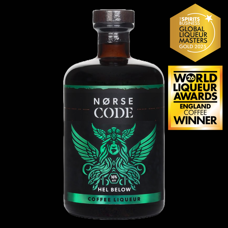 Norse Code coffee liqueur bottle with awards on a black background