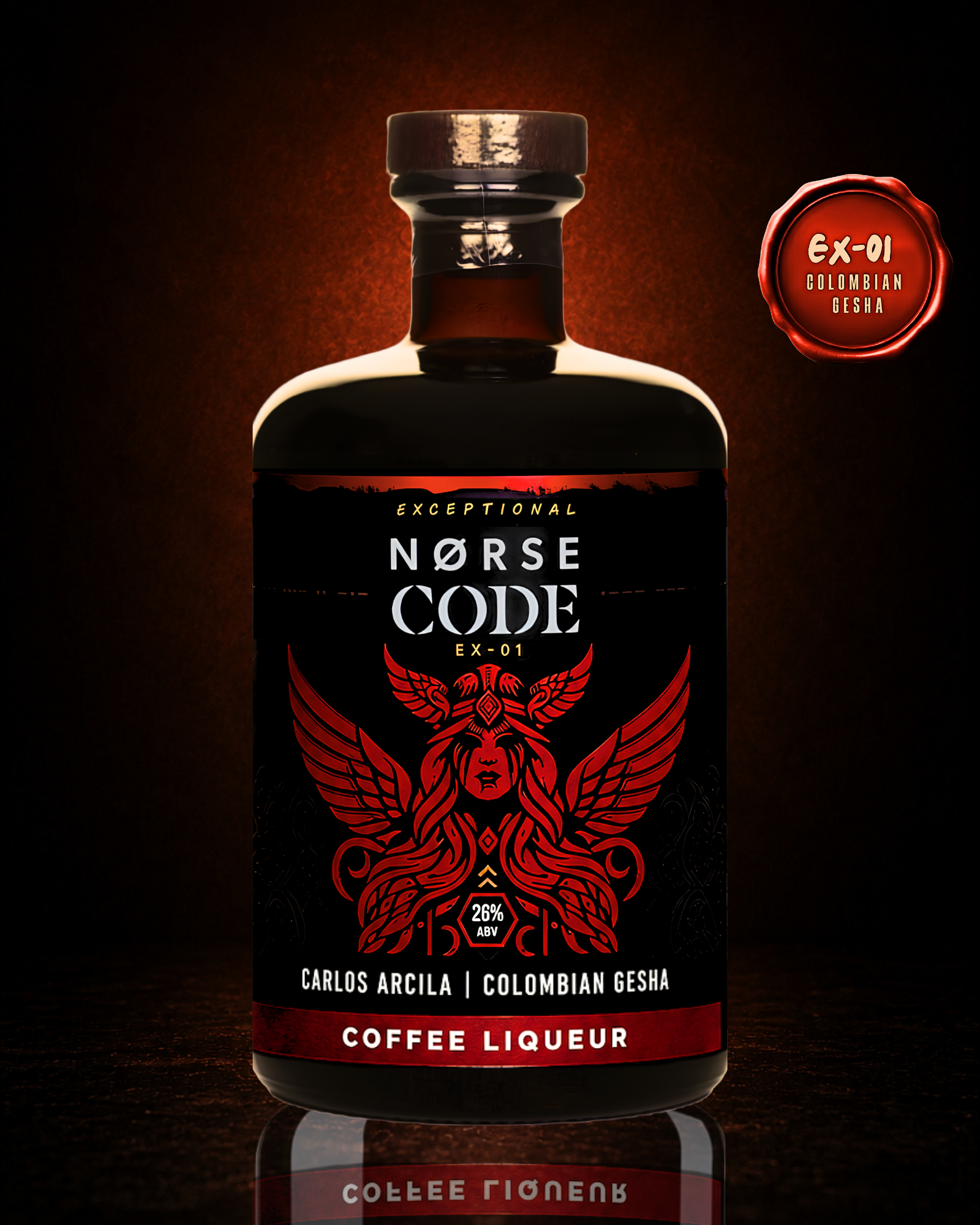 A bottle of Norse Code Ex-01 coffee liqueur with a black label featuring a red winged emblem, set against a dark brown background with a red circular seal on the upper right.