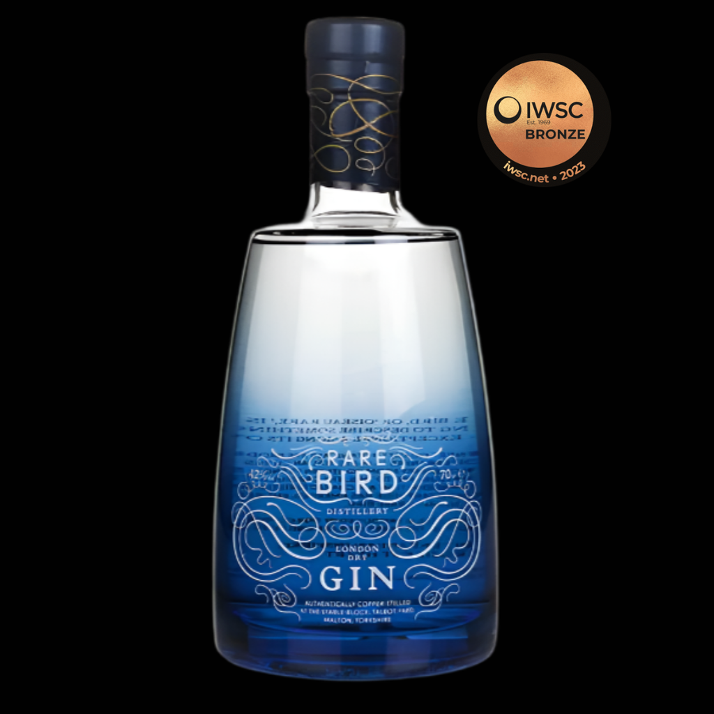 Bottle of Rare Bird Gin with a blue label on a white background