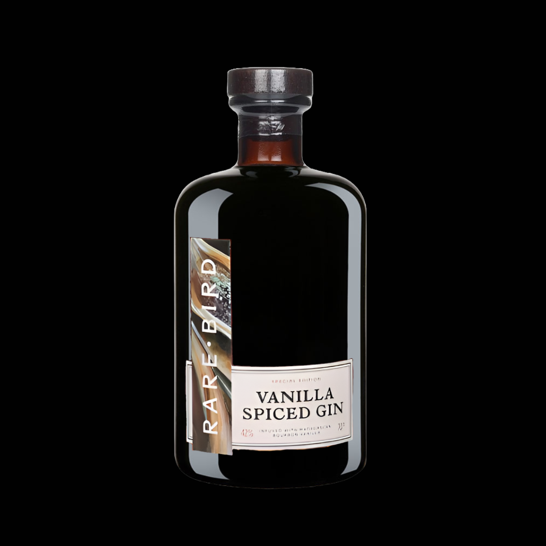 Bottle of Vanilla Spiced Gin with a label on a black background