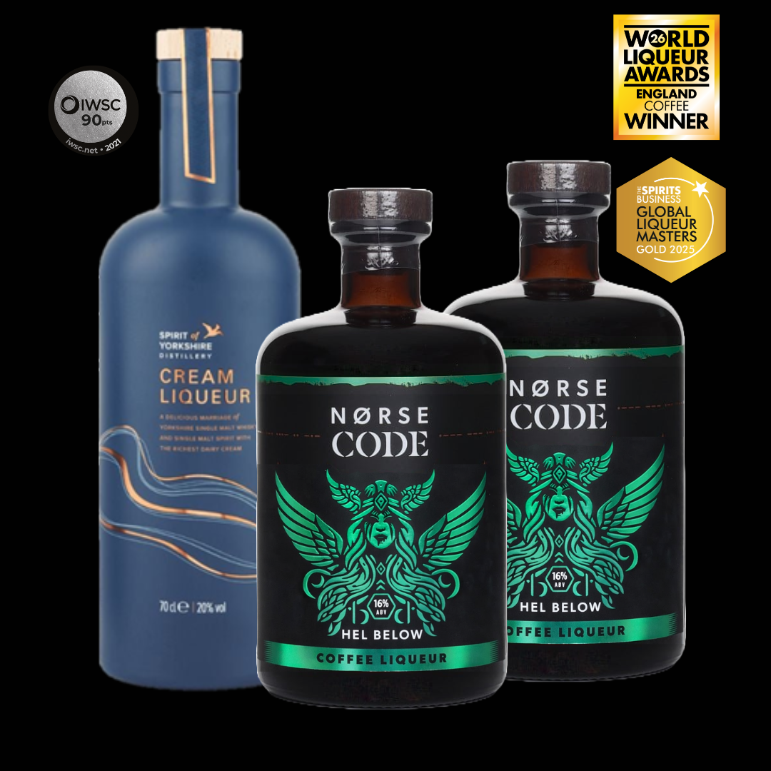Three bottles of Norse Code liqueur with awards on a black background