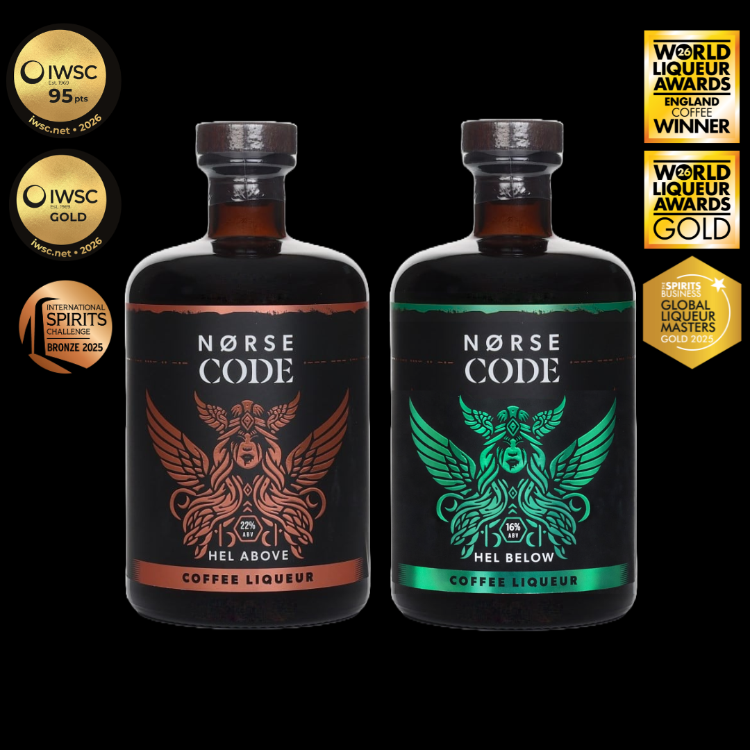 Two bottles of Norse Code coffee liqueur with award logos on a black background