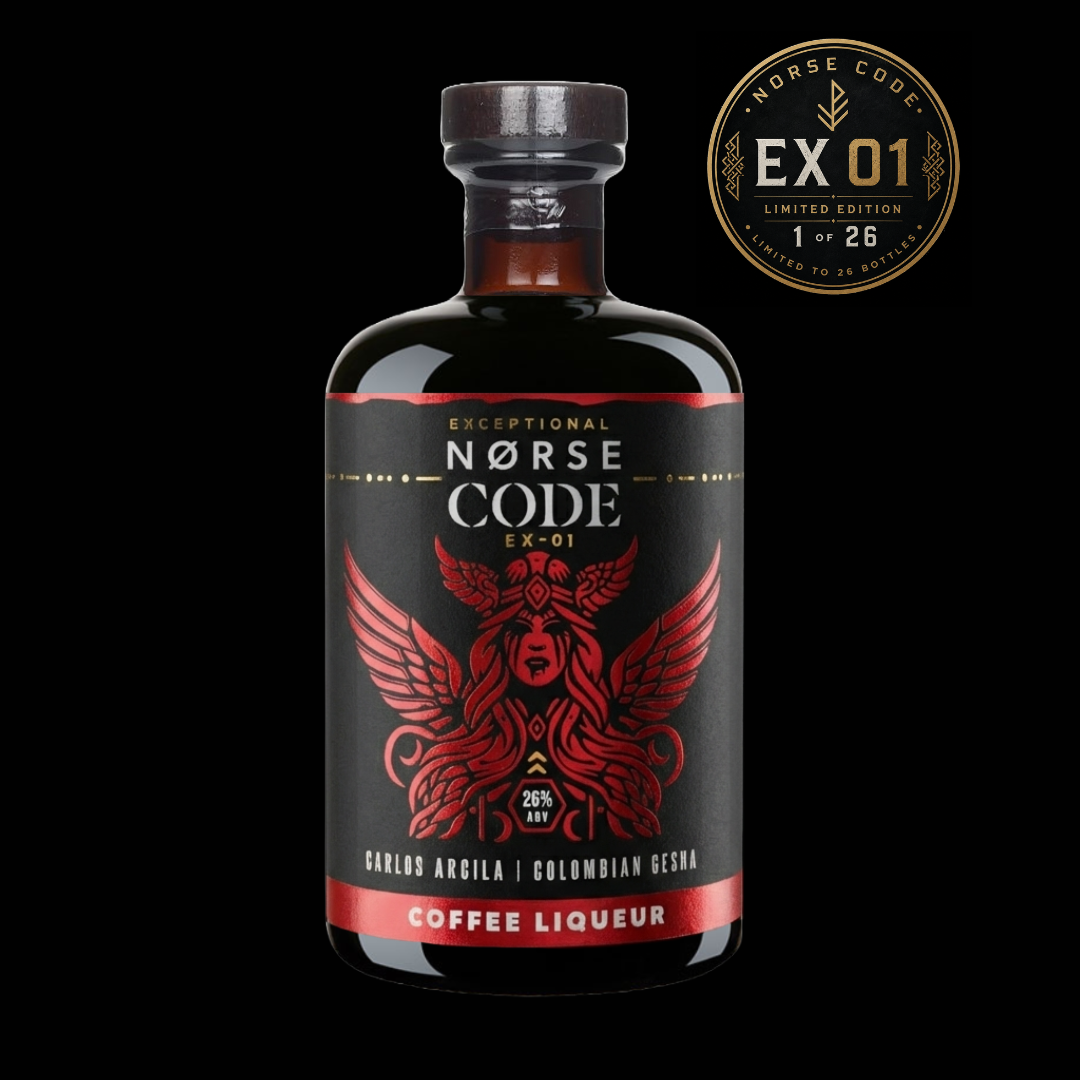 Bottle of Norse Code coffee liqueur with a black background