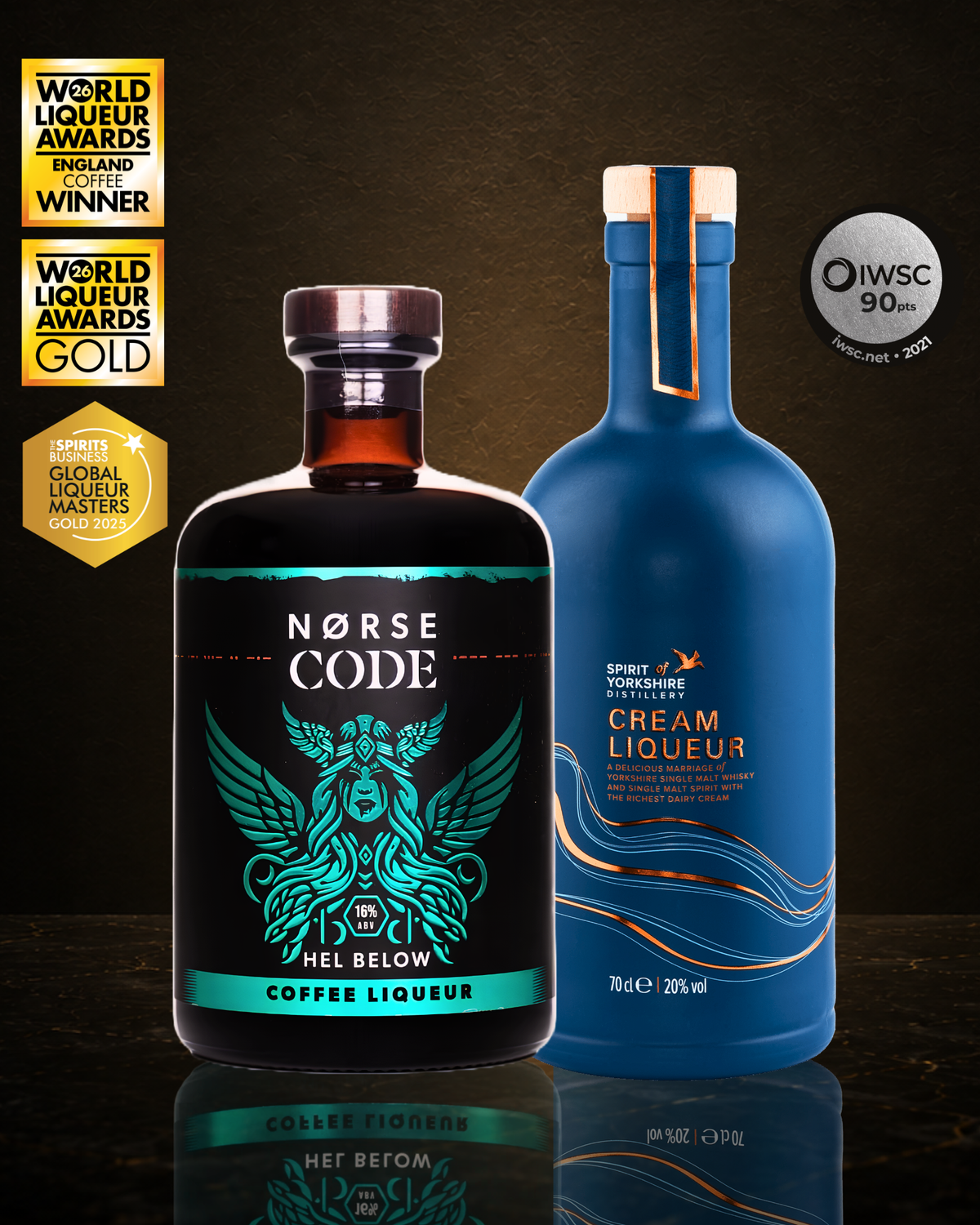 Two liquor bottles on a dark reflective background: a black bottle labeled Norse Code Mel Below Coffee Liqueur with teal artwork, and a blue bottle labeled Spirit of Norway Cream Liqueur with gold wave graphics. Award badges appear on the left and a IWSC 90ml gold medallion appears on the upper right.