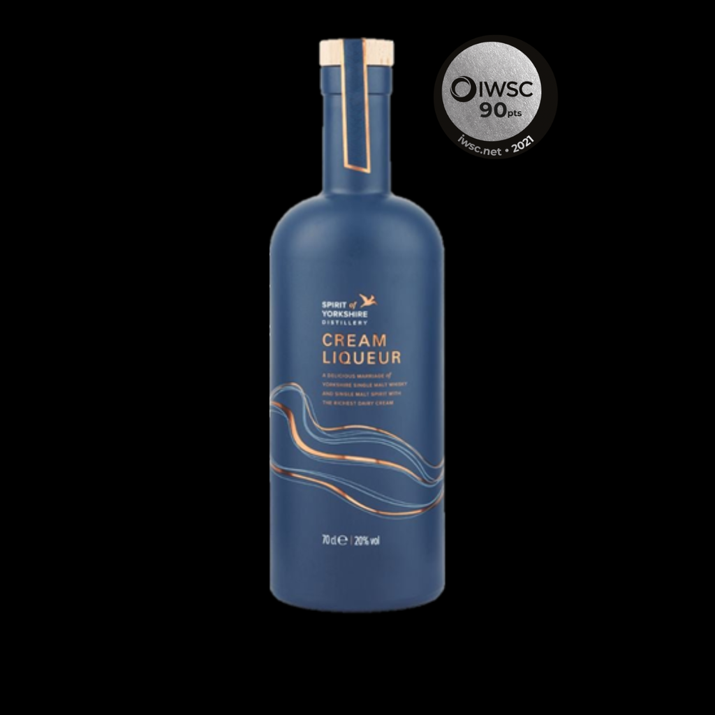 Blue bottle of cream liqueur with a gold cap on a black background, featuring a QWSC 90+ rating label.