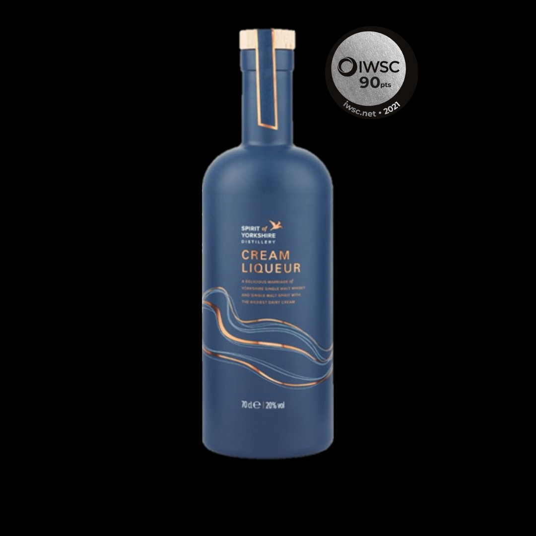 Blue bottle of cream liqueur with a gold cap on a black background, featuring a QWSC 90+ rating label.