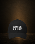 Black NORSE CODE cap featuring embroidered gold front logo
