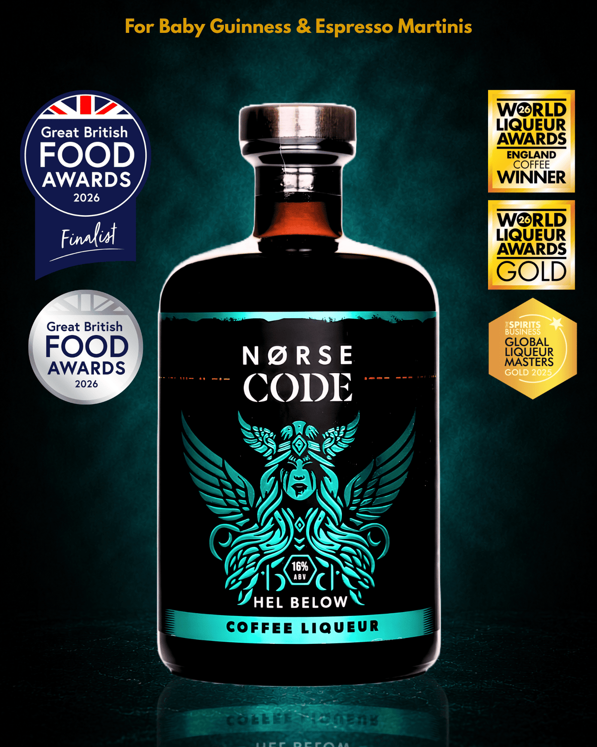 Norse Code Hel Below coffee liqueur with Great British Food Awards, World Liqueur Awards and Global Liqueur Masters awards