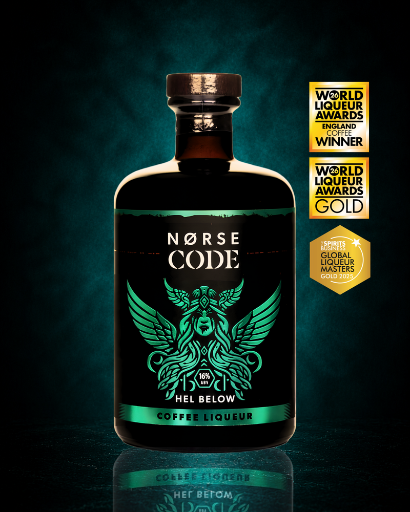 NORSE CODE Hel Below Yorkshire coffee liqueur bottle, 16% ABV, crafted for Baby Guinness and premium coffee cocktails.
