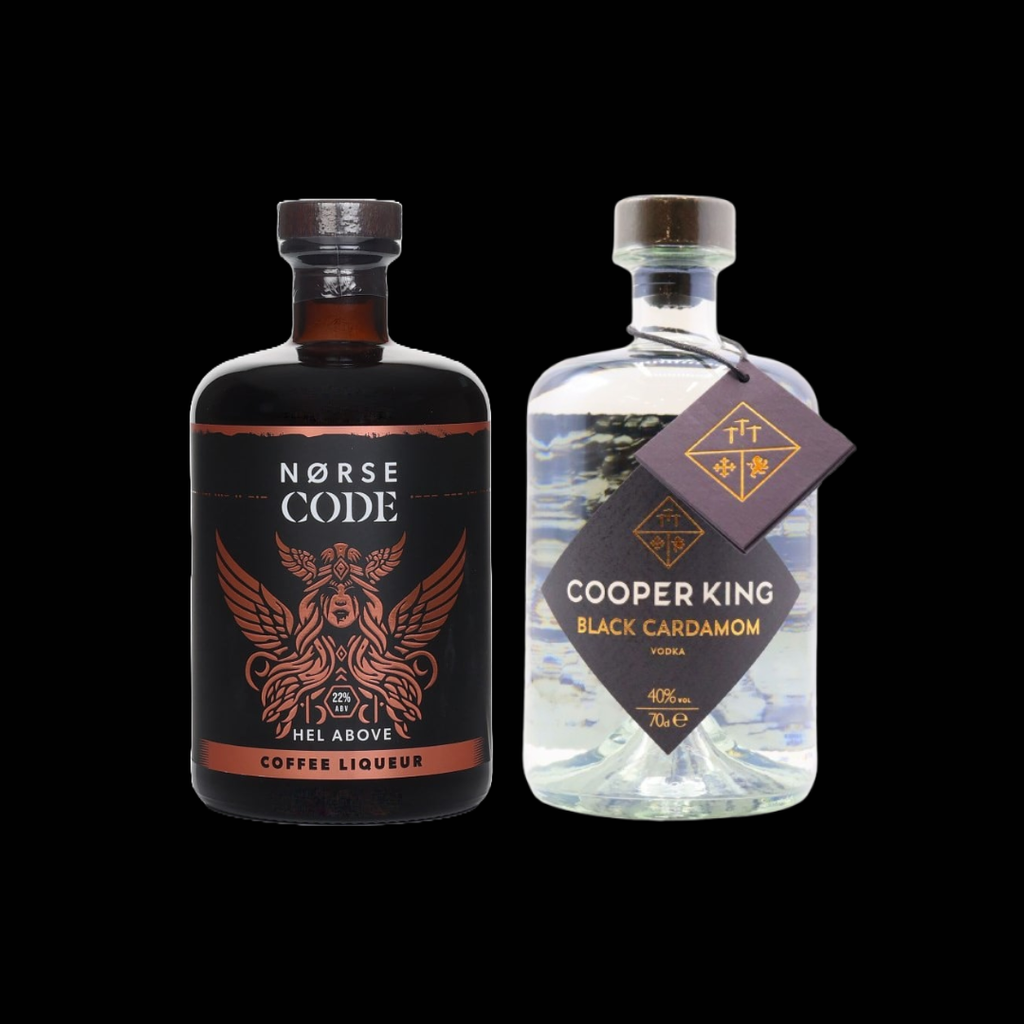 Two bottles of Norse Code coffee liqueur and Cooper King black cardamom vodka on a black background.